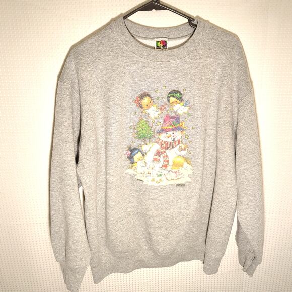 Vintage Giordano Art Christmas Sweatshirt Large Gray Snowman Holiday 90s USA - Picture 1 of 7